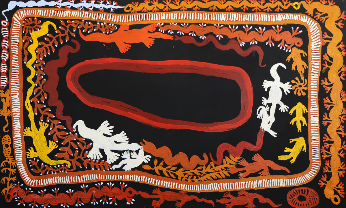 Pilkati, wilinyi & Tjurrpinyi at ikuntji. (Snake, hunting & swimming at Haasts Bluff.) by Doris Bush Nungarrayi